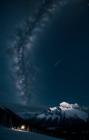 at night, snowy mountains of Canada. Star shower, illuminated by moonlight