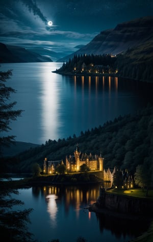 at night, castle village in Scotland, Loch Ness, beautiful moonlit lake Loch Ness, good lighting, realistic image, masterpiece, high quality 8K, sharp focus