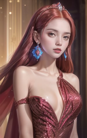 Super realistic image, NVIDIA RTX, super resolution, Unreal 5, Subsurface Dispersion, PBR Texturing, Post-processing, Maximum clarity and sharpness, Multi-layer textures, of (A very beautiful young woman), (Tall model), slim, (slim body), blue eyes, ((long, voluminous bright red hair, a rose in her hair)), (((Light skin with glitter, sparkly earrings, red evening princess dress with shiny blue inlay, intricate details))), (((Portrait of face, shoulders and chest))), (high quality, Ultra-realistic scene, 8K RAW High Definition)