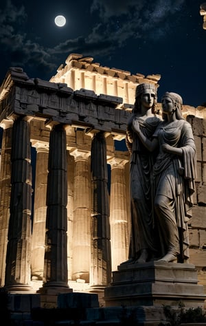 at night, ancient acropolis, monuments, statues of abandoned advanced civilization, moonlit, good lighting, photorealistic image, masterpiece, high quality 8K, sharp focus