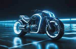 photorealistic image, masterpiece, high quality 8K, of a futuristic ((sci-fi large super motocycle), (((submerged in the sea))), Tron legacy, white and blue neon lights, good lighting, at night, sharp focus