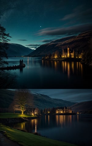 at night, castle village in Scotland, Loch Ness, beautiful moonlit lake Loch Ness, good lighting, realistic image, masterpiece, high quality 8K, sharp focus