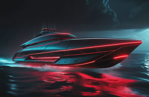 photorealistic image, masterpiece, high quality 8K, of a futuristic ((sci-fi large super boat)), (((sailing in the water the sea))), Tron legacy, black and red neon lights, good lighting, at night, sharp focus