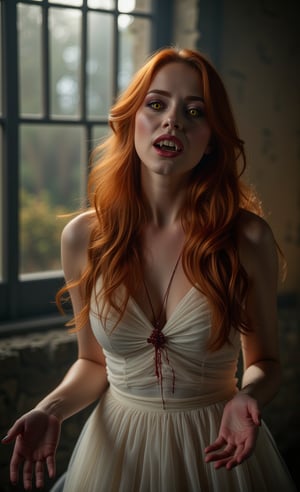 
a girl, Dracula's girlfriend, beautiful vampire, long red hair, yellow eyes, open mouth, ((showing her long vampire fangs)), pale skin, thin body, (bloody white dress), advancing towards the one who looks with her eyes. arms outstretched, masterpiece, high quality, 8k, sharp focus