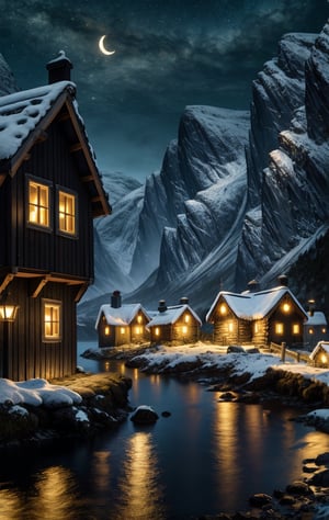 at night, viking coastal village, ancient, fantasy Norwegian fjord, torchlit houses, moonlit scene, good lighting, photorealistic image, masterpiece, high quality, 8K, sharp focus