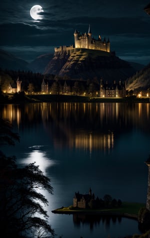 at night, castle village in Scotland, Loch Ness, beautiful moonlit lake Loch Ness, good lighting, realistic image, masterpiece, high quality 8K, sharp focus