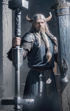 photorealistic, high quality 8k image of a man god, Vili, strong, slim body, long white hair, long beard, (((fantasy blue viking full armor, runes and intricate details))), (((giant mallet viking hammer with super long handle ))), (in the Valhalla palace), sharp focus, standing