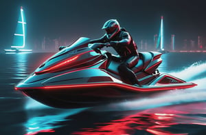 photorealistic image, masterpiece, high quality 8K, of a futuristic ((sci-fi large super jet ski)), (((sailing in the water the sea))), Tron legacy, black and red neon lights, good lighting, at night, sharp focus