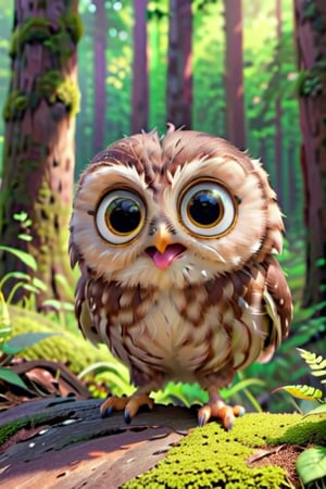 little owl, cute, adorable, fluffy fur, flying, forest. big head and eyes, small body, realistic, ultra detail, natural, detailed face, real light and shadow, 3D cartoon, Disney Pixar style. 