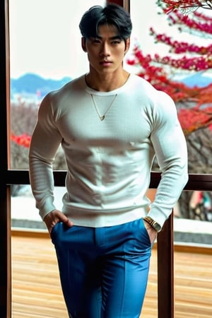 (masterpiece, best quality: 1.1), (1 boy), high resolution, (ultradetailed), (only: 1.5), defined muscles, tight white sweater, formal pants, shoes, seductive, elegant, stylish, sexy, looking at viewer, full body, perfect body, beautiful man, (beautiful detailed face: 1.2), asian man, Korean man, intricate details, perfect hands, detailed fingers, fantastic background, volumetric lighting, intricate details, tone mapping, sharp focus, hyper detailed,Sexy Muscular, protruding nipples in tight shirt. medium size body. 