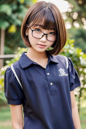 1girl, Thailand model, glasses, short hair, blunt bangs, bangs, detailed face, school uniform, Short sleeve. 