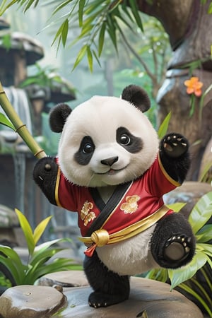animal, no_human, panda, cute and adorable, happy and beautiful, cute detailed illustration expressing joy, wearing a Chinese Kung Fu costume, dynamic poses, bamboo forest background, fully dressed, tiny, cute scene, stunning, tiny detail, fluffy, 3D cartoon, Disney Pixar style. 