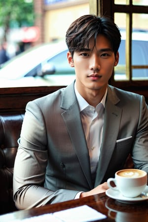 (masterpiece, best quality: 1.1), (1 boy), high resolution, (ultradetailed), formal uniform, formal pants, shoes, seductive, elegant, stylish, sexy, sitting in coffee shop, looking at viewer, full body view, perfect body, beautiful man, (beautiful detailed face: 1.2), Korean boy, intricate details, perfect hands, detailed fingers, fantastic background, volumetric lighting, intricate details, tone mapping, sharp focus, hyper detailed. 