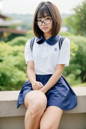 1girl, Thailand model, glasses, short hair, blunt bangs, bangs, detailed face, school uniform, Short sleeve, sitting, full body view. 