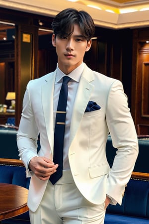 (masterpiece, best quality: 1.1), (1 boy), high resolution, (ultradetailed), formal uniform, formal pants, shoes, seductive, elegant, stylish, sexy, looking at viewer, full body view, perfect body, beautiful man, (beautiful detailed face: 1.2), Korean boy, intricate details, perfect hands, detailed fingers, fantastic background, volumetric lighting, intricate details, tone mapping, sharp focus, hyper detailed, sitting and having a cup of coffee. 