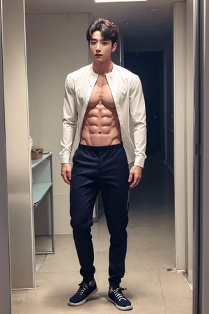 solo, oppa, Korea model, white shirt that shows off the abs, realistic, indoor. full body view. 