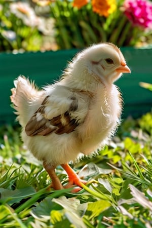 animal, bird, no_human, Adorable fluffy little chicken standing in a garden, realistic painting style with intricate details, (close-up shot), bright green grass and colorful flowers in the background.