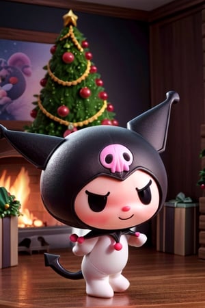 kuromi, solo, creature, super small size, no humans, 3D animation, 3D figure, cute and adorable, chibis, big head, small body, short hands and legs, dynamic pose, (masterpiece, ultra-detailed, 16K, best quality: 1.1), high resolution, (ultra detailed), photorealistic, ultra-detailed, finely detailed, high resolution. in human's living room, dynamic emotion, dynamic background, items in background everything is big size and large, wearing Christmas costume. 