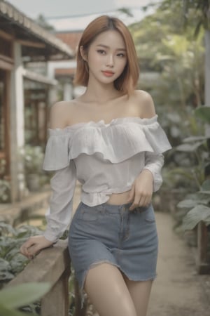 1girl, solo, Thailand model, flirtatious, realistic, off the shoulder, garden. full body view. 