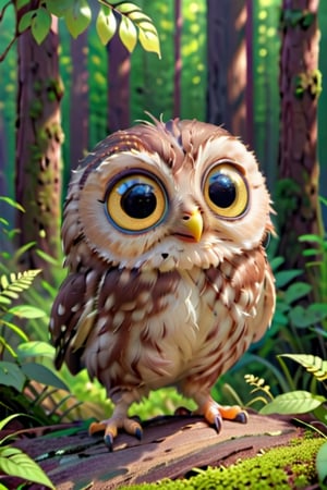 little owl, cute, adorable, fluffy fur, dance, forest. big head and eyes, small body, realistic, ultra detail, natural, detailed face, real light and shadow, 3D cartoon, Disney Pixar style. 