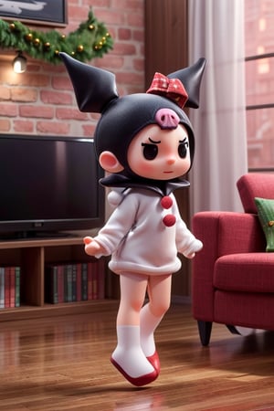 kuromi, solo, single, (solo), creature, super small size, no humans, 3D animation, 3D figure, cute and adorable, chibis, big head, small body, short hands and legs, ((small body)), ((short hands and legs)), dynamic pose, (masterpiece, ultra-detailed, 16K, best quality: 1.1), high resolution, (ultra detailed), photorealistic, ultra-detailed, finely detailed, high resolution. in human's living room, dynamic emotion, items in background everything is big size and large, wearing Christmas costume, Christmas. 