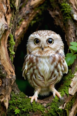 
(masterpiece, best quality: 1.1), (animal), high resolution, (ultra detailed), (only: 1.5), high quality background, animal_focus, Cute and adorable little white owl, bird, hiding itself behind the giant tree, Peek out from the tree, forest, sunny day. 