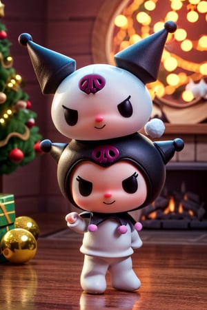 kuromi, solo, creature, super small size, no humans, 3D animation, 3D figure, cute and adorable, chibis, big head, small body, short hands and legs, dynamic pose, (masterpiece, ultra-detailed, 16K, best quality: 1.1), high resolution, (ultra detailed), photorealistic, ultra-detailed, finely detailed, high resolution. in human's living room, dynamic emotion, dynamic background, items in background everything is big size and large, wearing Christmas costume, Christmas. 