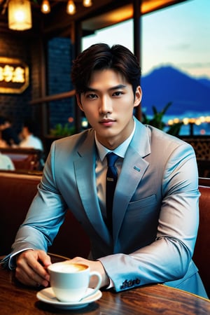 (masterpiece, best quality: 1.1), (1 boy), high resolution, (ultradetailed), formal uniform, formal pants, shoes, seductive, elegant, stylish, sexy, sitting in coffee shop, looking at viewer, full body view, perfect body, beautiful man, (beautiful detailed face: 1.2), Korean boy, intricate details, perfect hands, detailed fingers, fantastic background, volumetric lighting, intricate details, tone mapping, sharp focus, hyper detailed. 