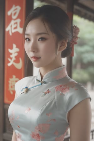 1girl, solo, asian girl, Chinese, detailed face, cheongsam, slit dress, outdoor, full body view. 