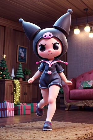 kuromi, solo, single, (solo), creature, super small size, no humans, 3D animation, 3D figure, cute and adorable, chibis, big head, small body, short hands and legs, dynamic pose, (masterpiece, ultra-detailed, 16K, best quality: 1.1), high resolution, (ultra detailed), photorealistic, ultra-detailed, finely detailed, high resolution. in human's living room, dynamic emotion, items in background everything is big size and large, wearing Christmas costume, Christmas. 