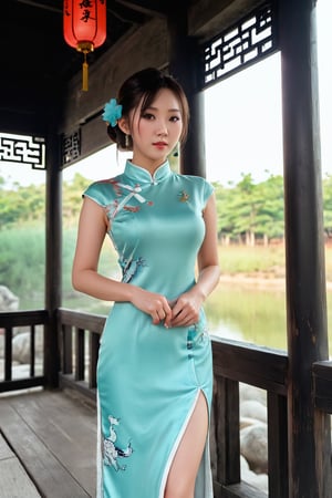 1girl, solo, asian girl, Chinese, detailed face, cheongsam, slit dress, outdoor, full body view. 