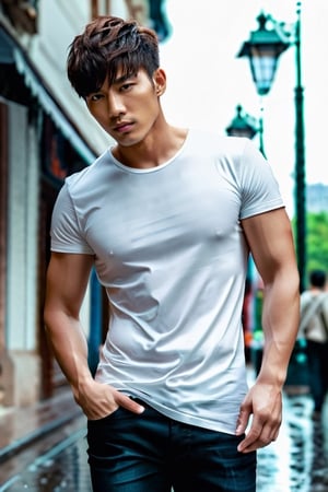 (masterpiece, best quality: 1.1), (1boy), Korean, high resolution, (ultra detailed), (only: 1.5), seductive, elegant, stylish, sexy, white tight shirt, full body view, far shot, perfect body, beautiful man, (beautiful detailed face: 1.2), male_focus, beautifully detailed eyes, short hair, intricate details, perfect hands, detailed fingers, fantastic background, volumetric lighting, intricate details, tone mapping, sharp focus, hyper detailed. waiting on the street, raining, Wet clothes. 