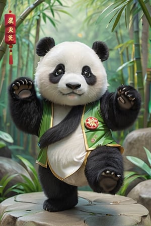 animal, no_human, panda, cute and adorable, happy and beautiful, cute detailed illustration expressing joy, wearing a Chinese Kung Fu costume, (Kung Fu costume), dynamic poses, bamboo forest background, fully dressed, tiny, cute scene, stunning, tiny detail, fluffy, 3D cartoon, Disney Pixar style. 