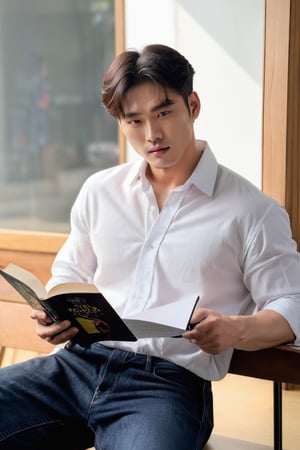 solo, Korean model, oppa, detailed face, in a white shirt that reveals a six-pack, reading book, sitting, full body view. 