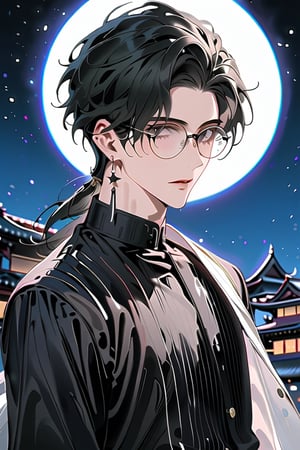 Visual Anime,boy, highly detailed, high quality, masterpiece, beautiful(medium long shot) a boy, black hair, transparent glasses, young man, black eyes, full moon background, earring in the right ear, not very thin,niji5