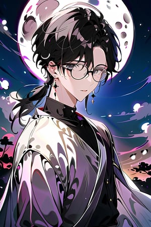 Visual Anime,boy, highly detailed, high quality, masterpiece, beautiful(medium long shot) a boy, black hair, transparent glasses, young man, black eyes, full moon background, earring in the right ear, not very thin