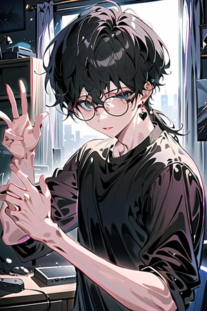 highly detailed, high quality, masterpiece, beautiful(medium long shot) a boy, black hair, transparent glasses, young man, black eyes, background in his room, earring in his right ear, not very thin, rock guitar in his hands, gesture of emotion

