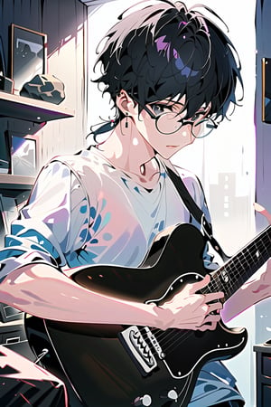 highly detailed, high quality, masterpiece, beautiful (medium long shot) a boy, black hair, transparent glasses, young man, black eyes, background in his room, earring in the right ear, of a standard complexion, rock guitar in the hands, gesture of emotion