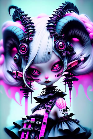 A robotic cyberpunk Lolita girl with black plastic horns, view from below. Depth and Dimension in the green Pupils, gracefully crystalline cheeks, her attire adorned with intricate pink lace and dark, ethereal fabrics,(intricate dragon horns) elegantly complement her elaborate hairstyle, creating a mystical and captivating presence. Her eyes, reminiscent of acyberpunks's gaze, exude an otherworldly charm, adding a touch of fantasy to the Gothic Lolita aesthetic. The fusion of traditional Lolita elements with cyberpunk-inspired details results in a unique and enchanting character,cyber-themed,goth person,lolita_fashion,echmrdrgn, (cyberpunk colors, grunge but extremely beautiful:1.4),