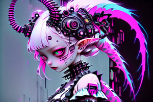 A robotic cyberpunk Lolita girl with black plastic horns, view from below. Depth and Dimension in the green Pupils, gracefully crystalline cheeks, her attire adorned with intricate pink lace and dark, ethereal fabrics,(intricate dragon horns) elegantly complement her elaborate hairstyle, creating a mystical and captivating presence. Her eyes, reminiscent of acyberpunks's gaze, exude an otherworldly charm, adding a touch of fantasy to the Gothic Lolita aesthetic. The fusion of traditional Lolita elements with cyberpunk-inspired details results in a unique and enchanting character,cyber-themed,goth person,lolita_fashion,echmrdrgn, (cyberpunk colors, grunge but extremely beautiful:1.4), dark futuristic background