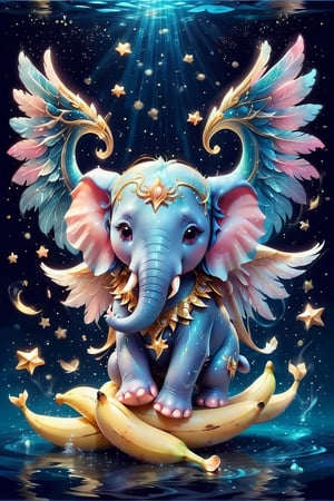 A cute elephant with wings cuddling a fluffy 
 banana, under water,  fantasy blue background with golden and pink stars,,GLOWING,