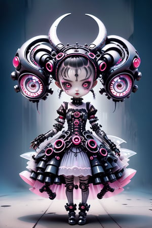 A robotic cyberpunk Lolita girl with black cyborg horns, view from below. Depth and Dimension in the red Pupils, gracefully crystalline cheeks, her attire adorned with intricate pink lace and dark, ethereal fabrics,(intricate plastic horns) elegantly complement her elaborate hairstyle, creating a mystical and captivating presence. Her glowing eyes, reminiscent of acyberpunks's gaze, exude an otherworldly charm, adding a touch of fantasy to the Gothic Lolita aesthetic. The fusion of traditional Lolita elements with cyberpunk-inspired details results in a unique and enchanting character,cyber-themed,goth person,lolita_fashion,echmrdrgn, (cyberpunk colors, grunge but extremely beautiful:1.2), dark futuristic cyborg background, EpicLand,c1bo,Cyberpunk