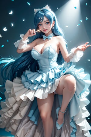 ((M-shape spread legs, exposed breasts, She wears revealing blue frilled weeding dress, blue very long hair, large breasts 2.0)), cute pose, large breasts, cleavage , blue eyes, (Masterpiece), full body shot, best quality, high resolution, highly detailed, detailed background, movie lighting, 1girl, idol, underbust, stage, stage lights, music, blush, sweet smile, sweat, concert, ruffles, confetti, hearts, hair accessories, hair bows, gems, jewelry, neon lights , bow tie , pointing, spotlight, sparkles, light particles, frame breasts, cross lace, white stockings,ryuubi,lift skirt,hmnl,ho1