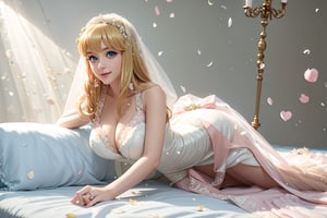 ((lying down on bed, bending the knee, knees together, exposed breasts, She wears revealing pink frilled weeding dress, Wedding gown (veil), blond very long hair, large breasts 2.0)), cute pose, large breasts, cleavage , blue eyes, (Masterpiece), full body shot, best quality, high resolution, highly detailed, detailed background, movie lighting, 1girl, idol, underbust, stage, stage lights, music, blush, sweet smile, sweat, concert, ruffles, confetti, hearts, hair accessories, hair bows, gems, jewelry, neon lights , bow tie , pointing, spotlight, sparkles, light particles, frame breasts, cross lace, white stockings,ryuubi,lift skirt,hmnl,reiko_aiwaifu
