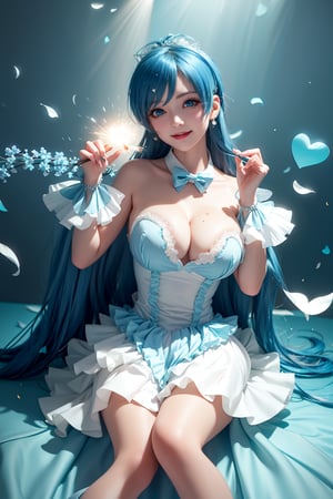 ((lady sitting, exposed breasts, She wears revealing blue frilled weeding dress, blue very long hair, large breasts 2.0)), cute pose, large breasts, cleavage , blue eyes, (Masterpiece), full body shot, best quality, high resolution, highly detailed, detailed background, movie lighting, 1girl, idol, underbust, stage, stage lights, music, blush, sweet smile, sweat, concert, ruffles, confetti, hearts, hair accessories, hair bows, gems, jewelry, neon lights , bow tie , pointing, spotlight, sparkles, light particles, frame breasts, cross lace, white stockings,ryuubi,lift skirt,hmnl,ho1
