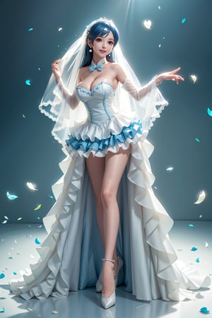 ((M-shape spread legs, exposed breasts, She wears revealing blue frilled weeding dress, Wedding gown (veil), blue very long hair, large breasts 2.0)), cute pose, large breasts, cleavage , blue eyes, (Masterpiece), full body shot, best quality, high resolution, highly detailed, detailed background, movie lighting, 1girl, idol, underbust, stage, stage lights, music, blush, sweet smile, sweat, concert, ruffles, confetti, hearts, hair accessories, hair bows, gems, jewelry, neon lights , bow tie , pointing, spotlight, sparkles, light particles, frame breasts, cross lace, white stockings,ryuubi,lift skirt,hmnl,ho1
