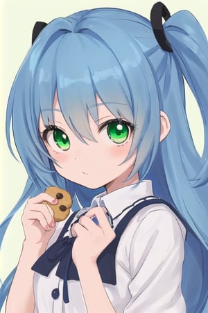 Cute little anime girl holding a cookie, blue hair, green eyes