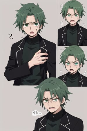 Anime man, green eyes, dark green hair, black shirt, black overcoat, scared up chest, annoyed expression, mature