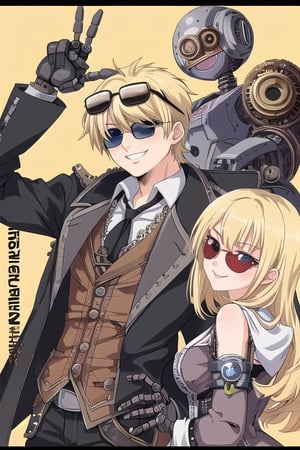 Cocky blonde anime boy, smiling, wearing sunglasses, one robotic left eye, steampunk robot right arm