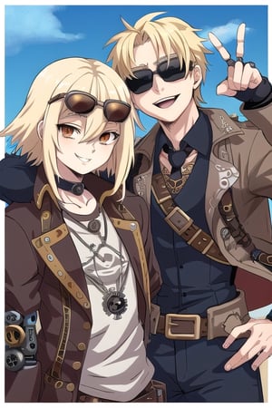 Cocky blonde anime boy, smiling, wearing sunglasses, one robotic left eye, steampunk robot right arm